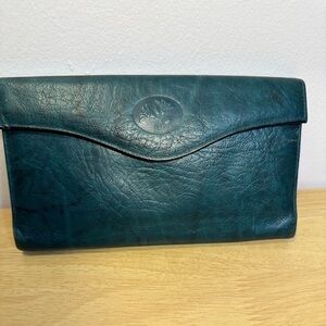 Vintage BUXTON Dark Green Teal Grain Cowhide Soft Leather Wallet Floral Detailed